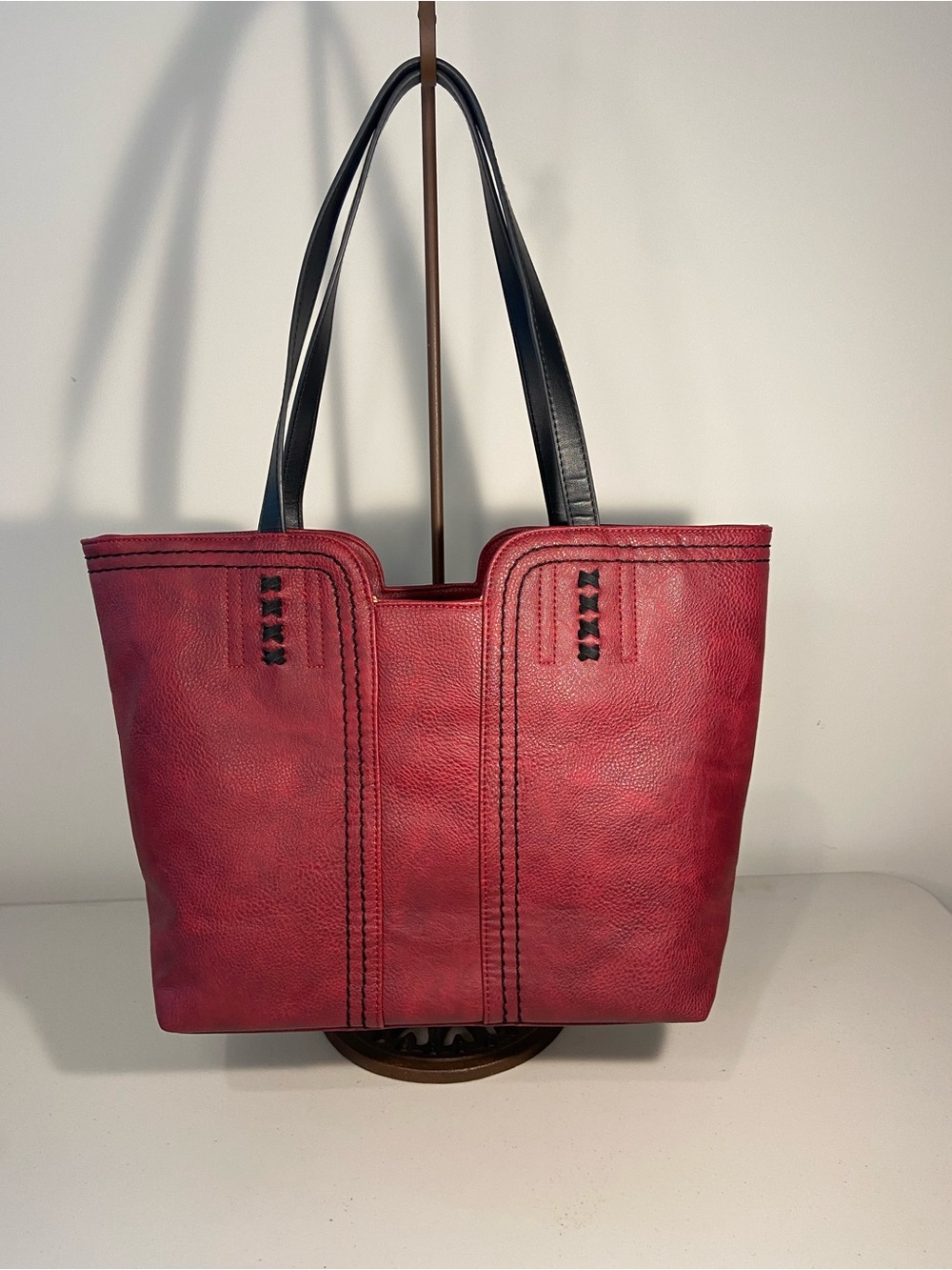 Montana West Red Vegan Leather Tote with Black Handles